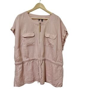 Ellen Tracy Womens 100% Linen 1/4 Zip Blouse Top Size XL Pink Resortwear Beachy